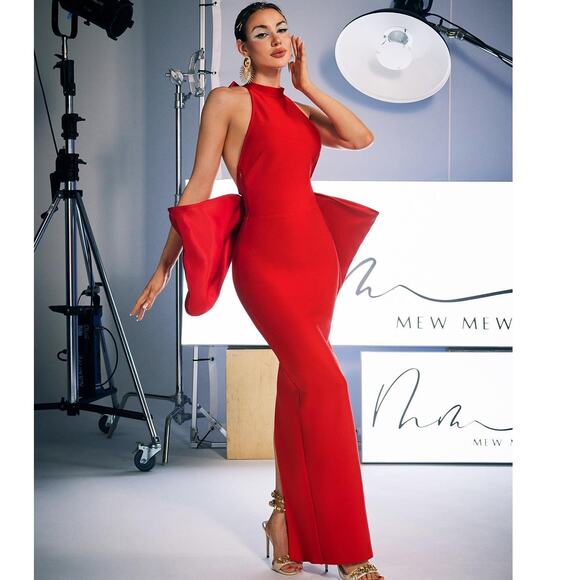 NWT Mew Mews Milada Bow Bandage Split Dress in Red Small - Picture 2 of 9